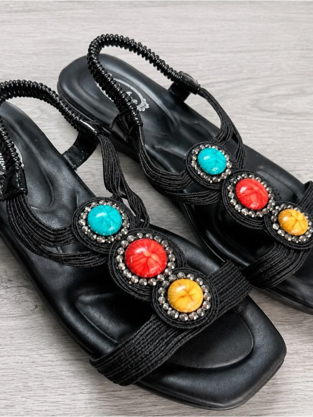 Women's Sandals Black with Turquoise, Red & Yellow Accents Size 10(41-41.5)